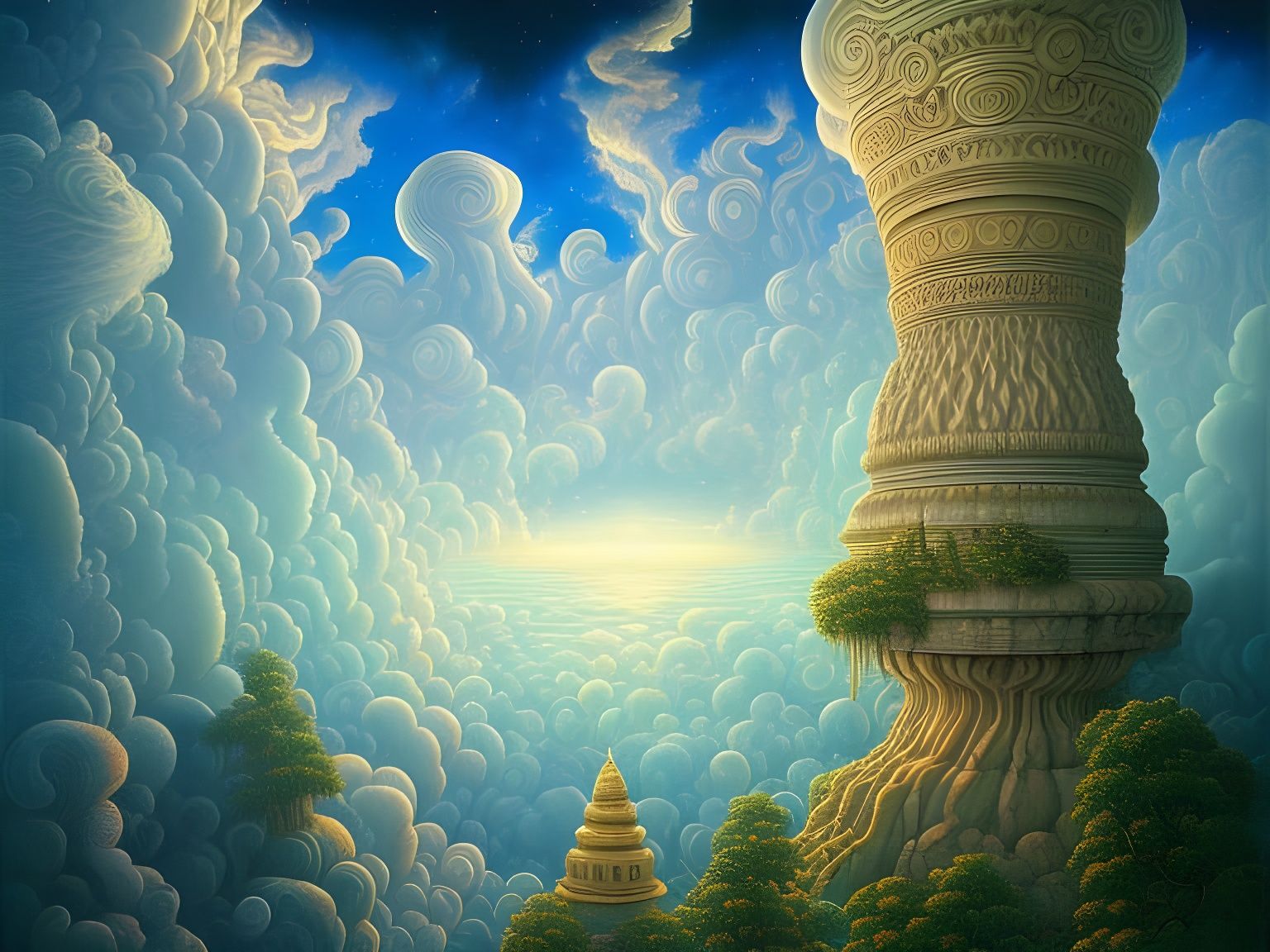 Heavenly Vedic Temple on Biomorphic Clouds