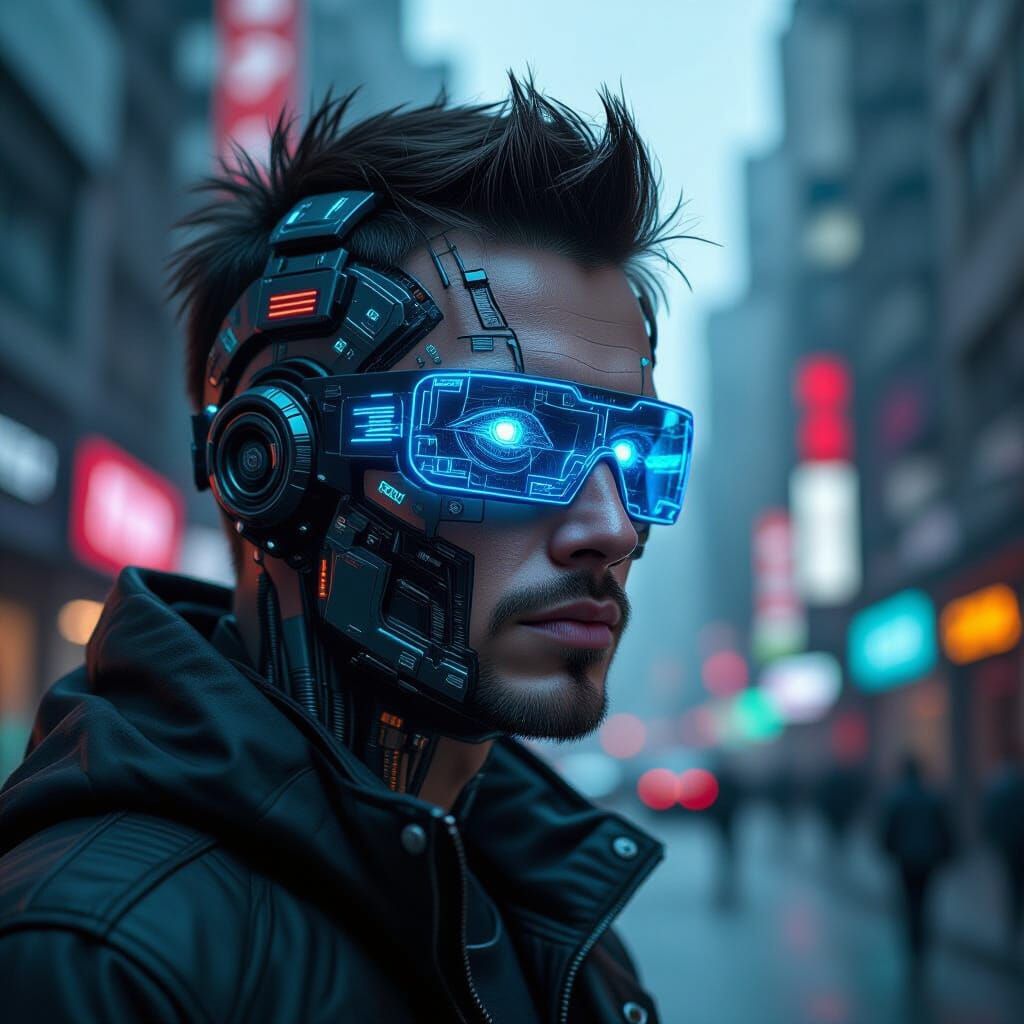 Technomancer with Cybernetic Implants in Dystopian City