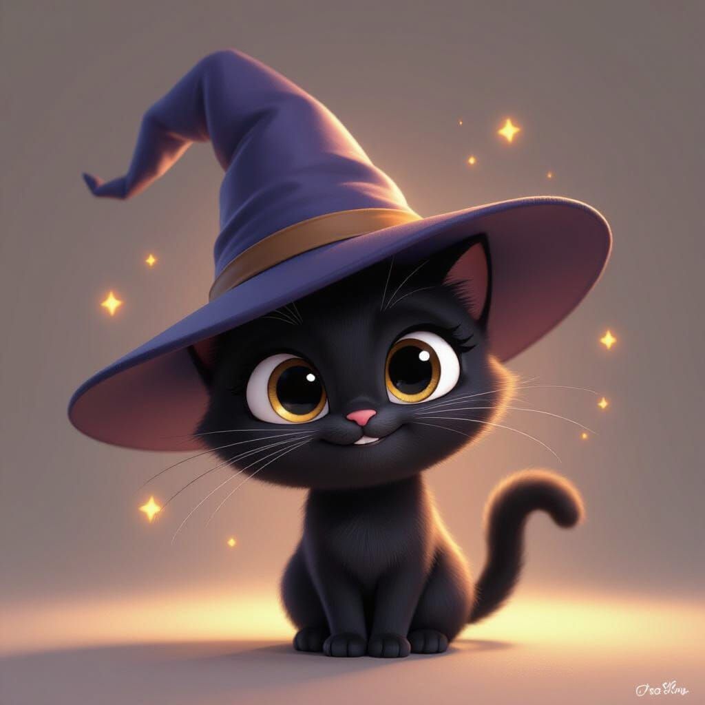 Cute Black Cat in Wizard Hat in Pixar Style