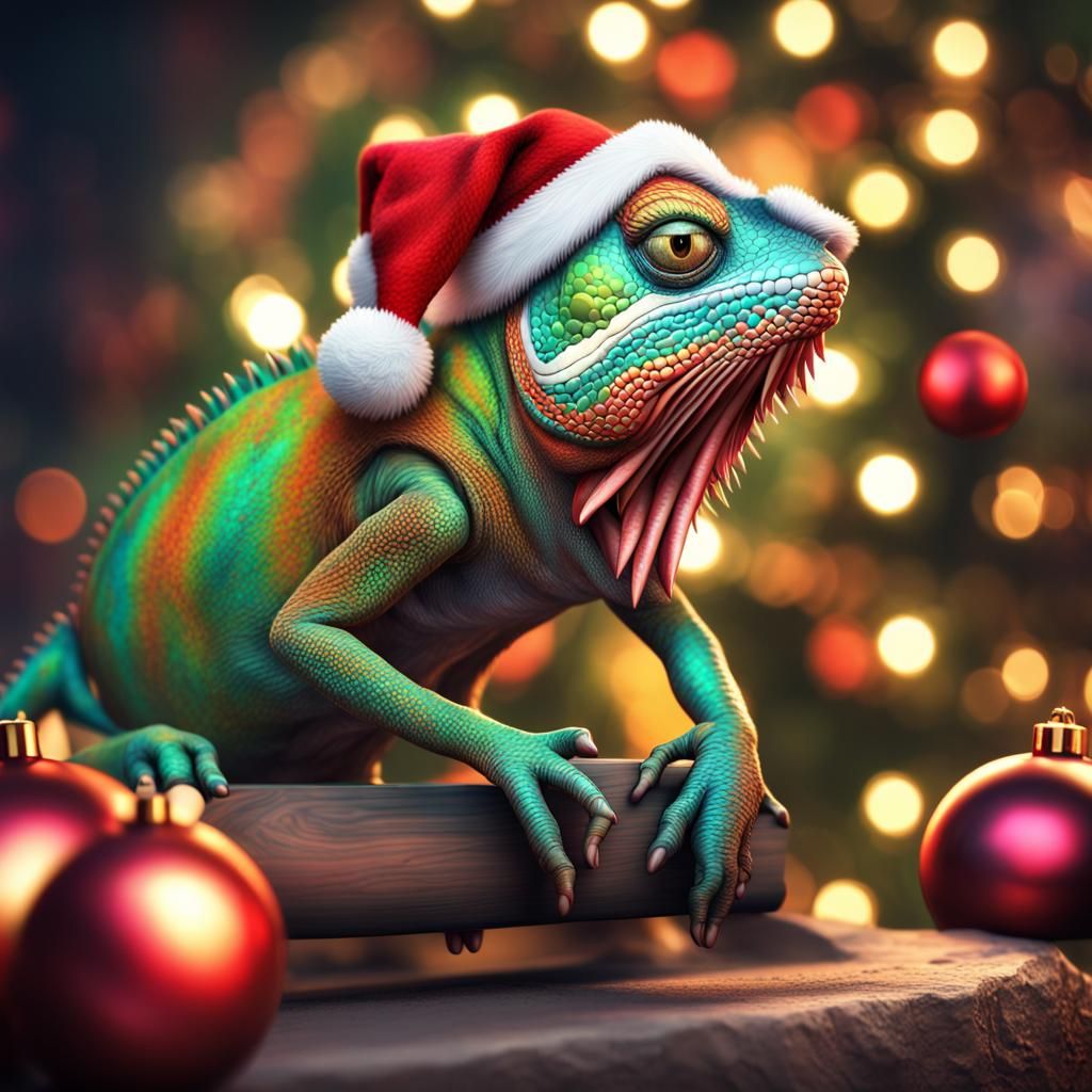 Hyperrealistic Chameleon Celebrates Christmas in Cinematic S...