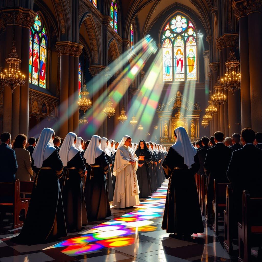 Clergy in Ornate Cathedral, Caravaggio Style Painting