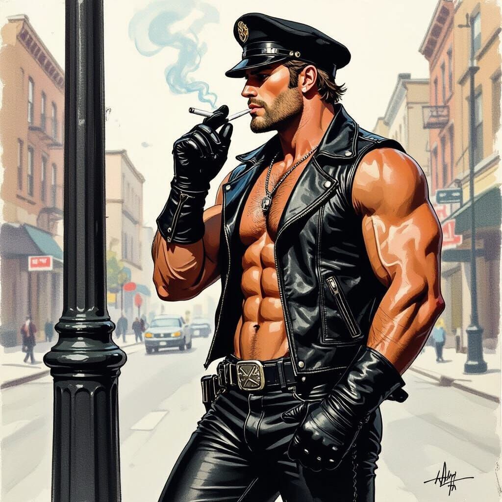 Biker Smoking in Tom of Finland Style
