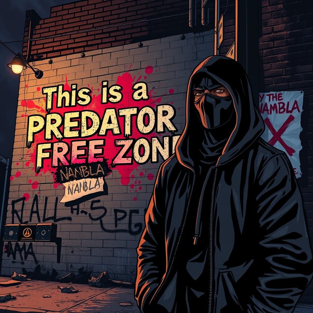 Gritty Urban Scene with Vigilante Figure in Neon-Lit Graffit...