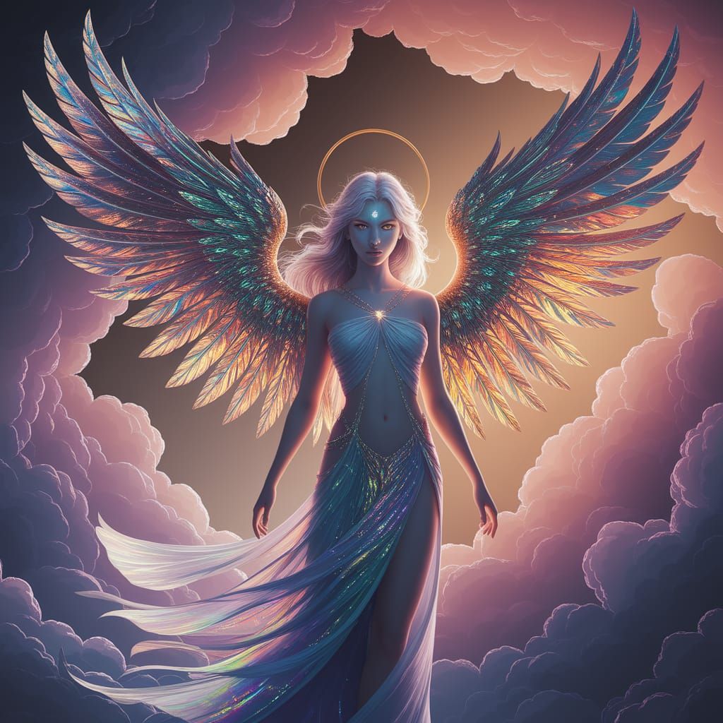 Ethereal Seraph with Iridescent Wings Against Celestial Clou...