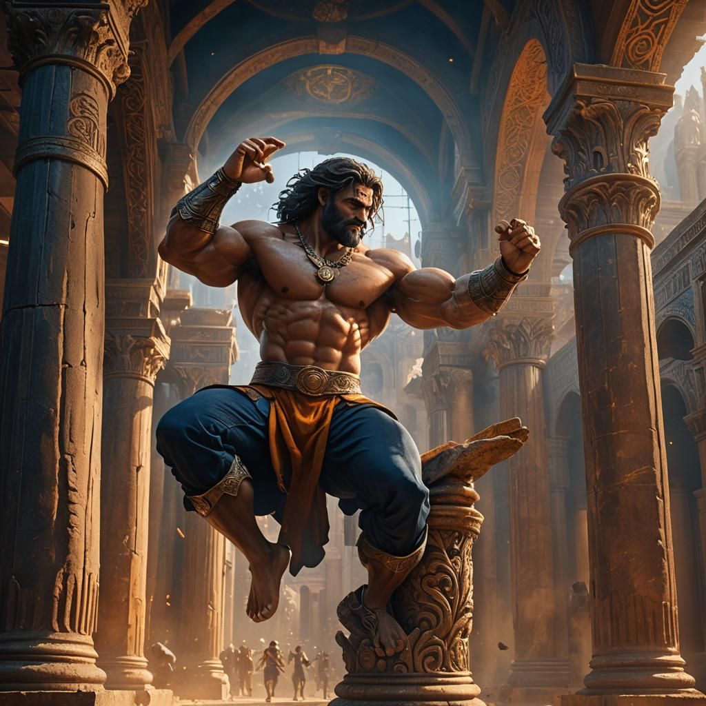Samson Grasping the Pillars in a Fantastical Setting