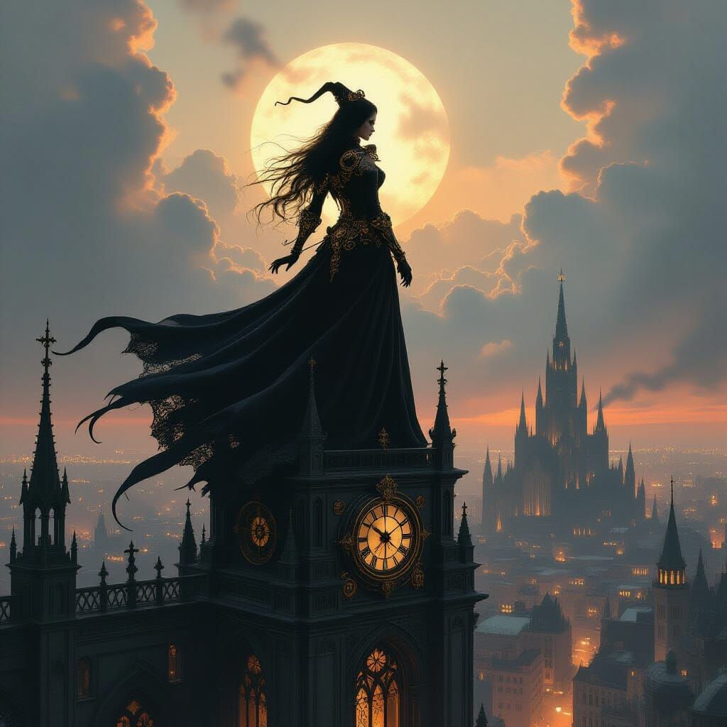 Sorceress on Gothic Cathedral Above Steampunk City