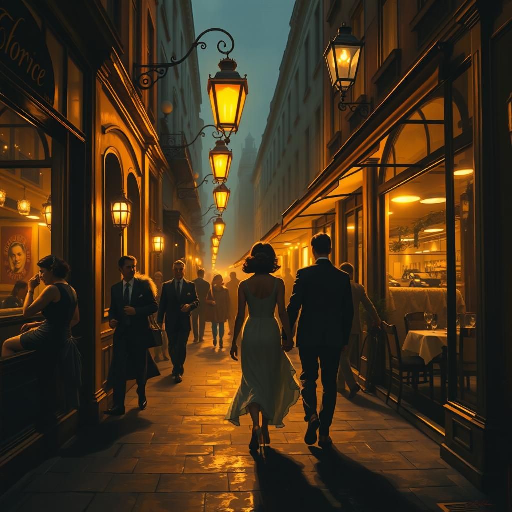 Elegant Evening Scene in a 1940s City