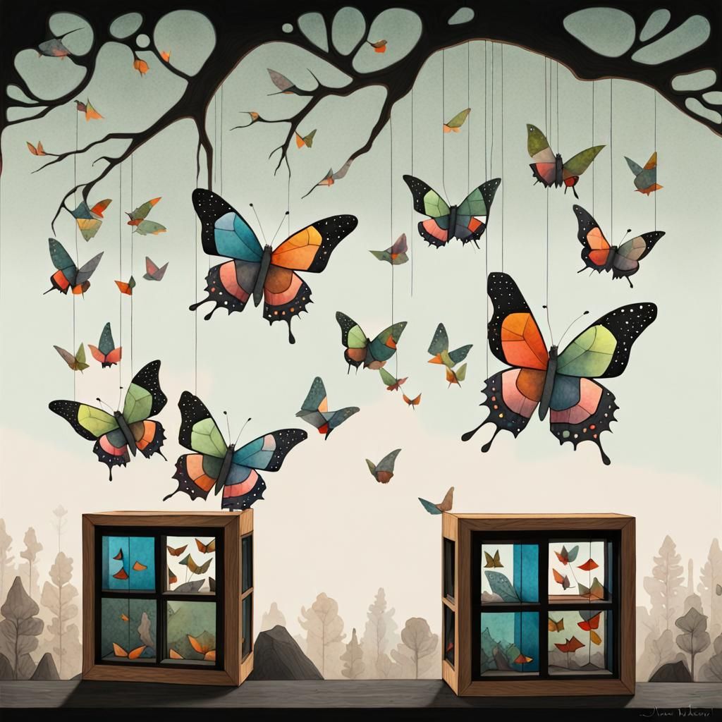 Whimsical Double Exposure Butterflies in Art Nouveau Style