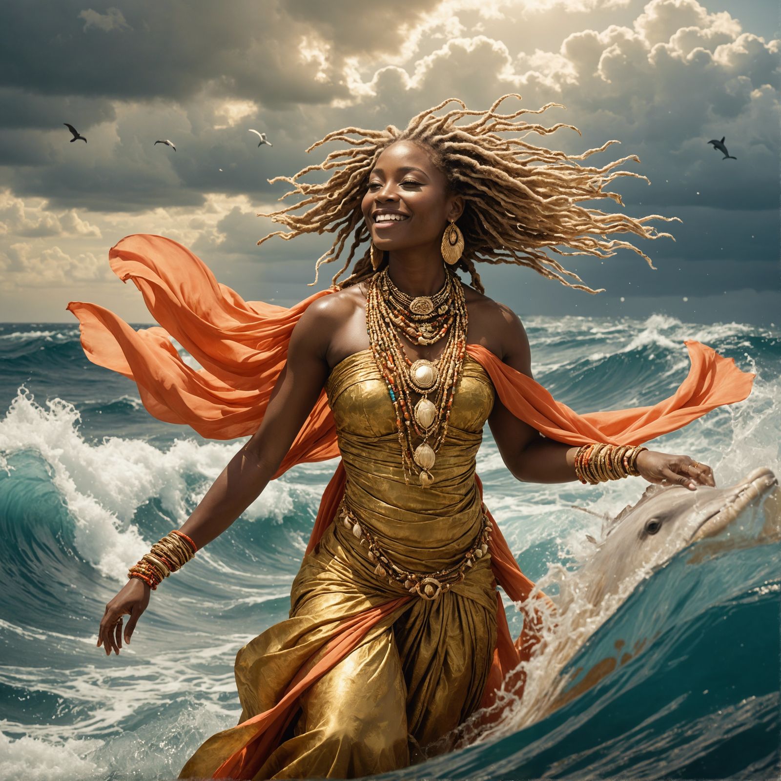 African Goddess with Golden Gown and Oceanic Majesty