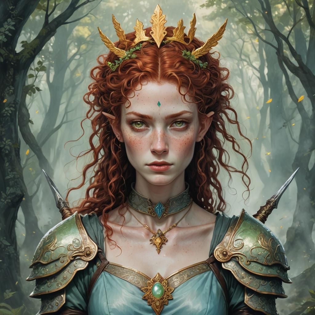 A portrait of a female warrior faerie with red curly hair an...