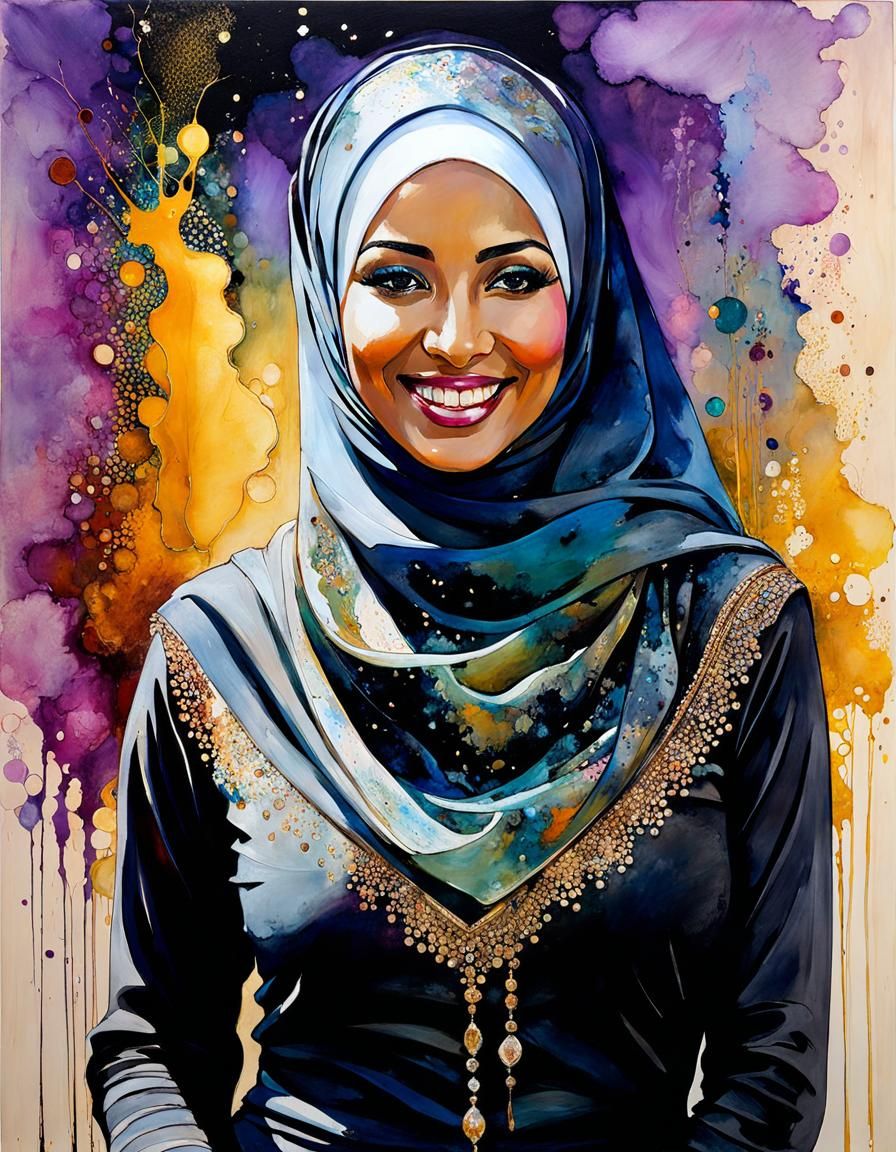 Smokey Portrait of a Smiling Hijabi Woman in a Vibrant Splat...
