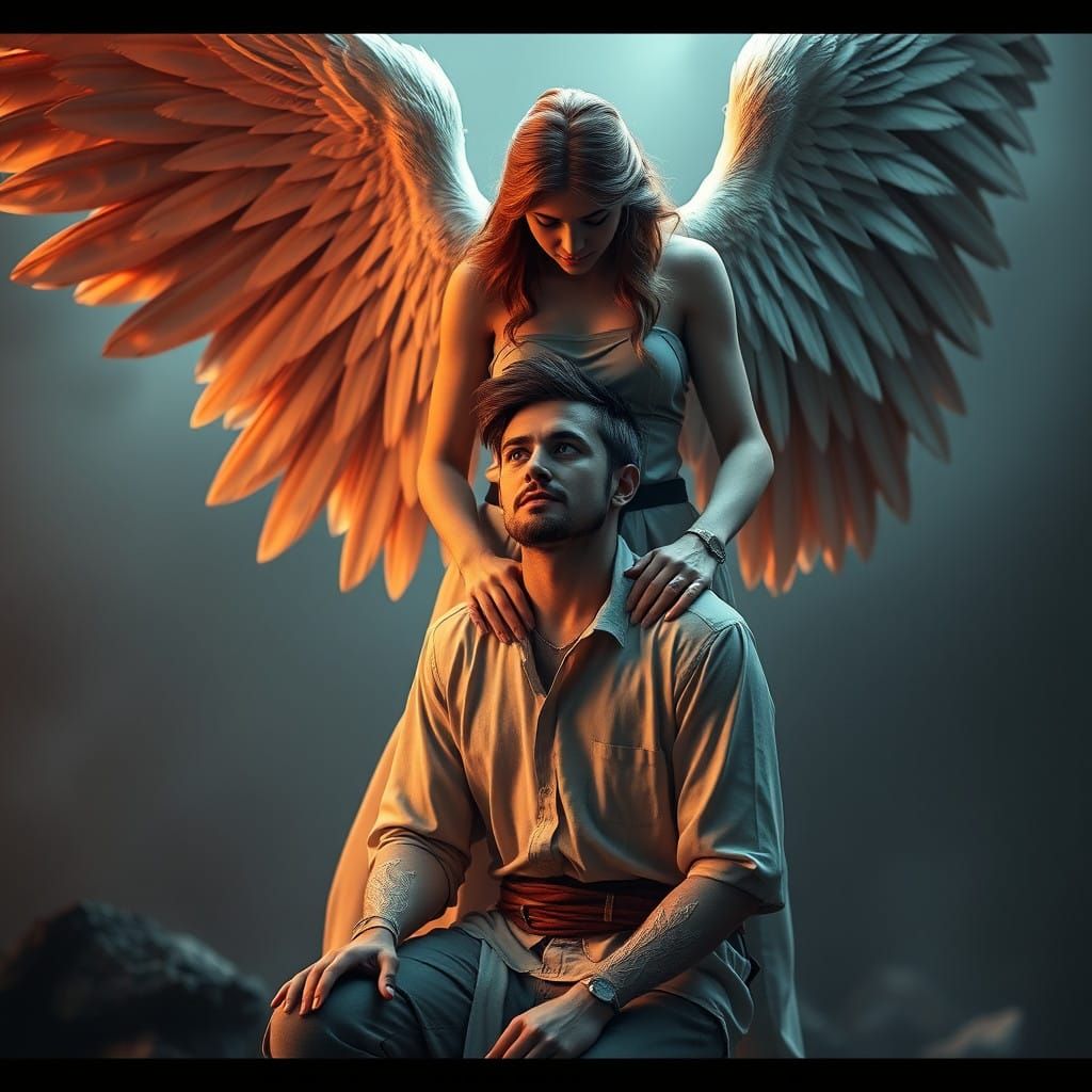 Angel's Gentle Guidance in a Realistic Landscape