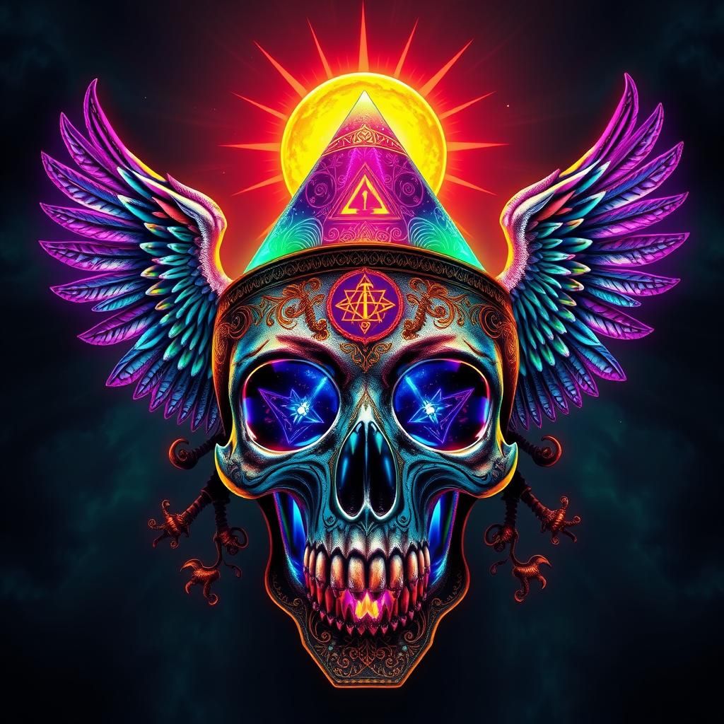 a hyper detailed skull with a pyramid on top of it, eagle wi...