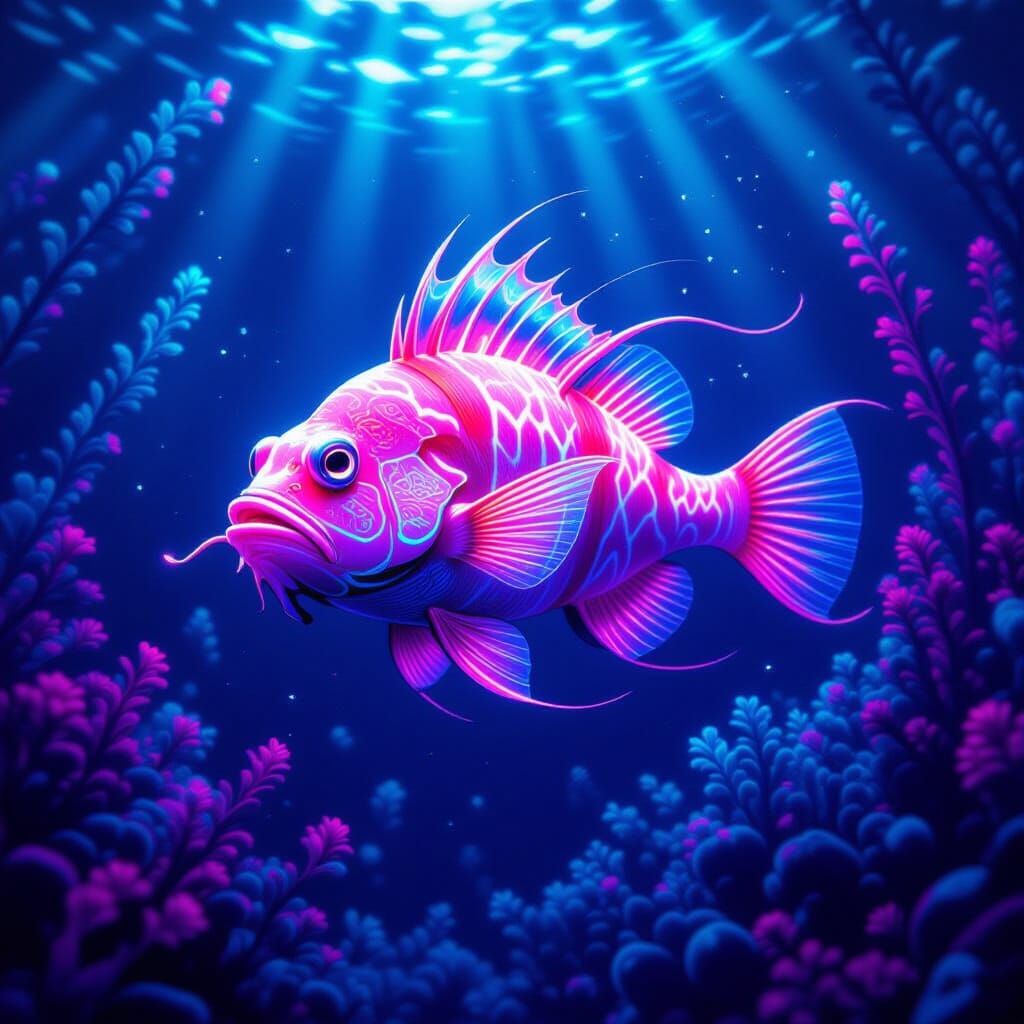 Bioluminescent Anglerfish in Alien Ocean with Neon Flora