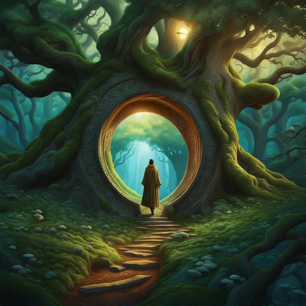 Woman Escapes Through Enchanted Forest Portal in Vibrant Mys...