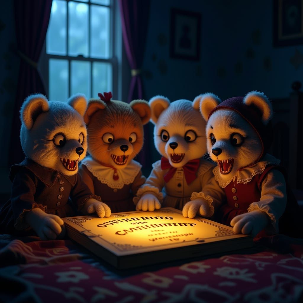 Eerie Plush Toys Gather Around Ouija Board in Dark Playroom