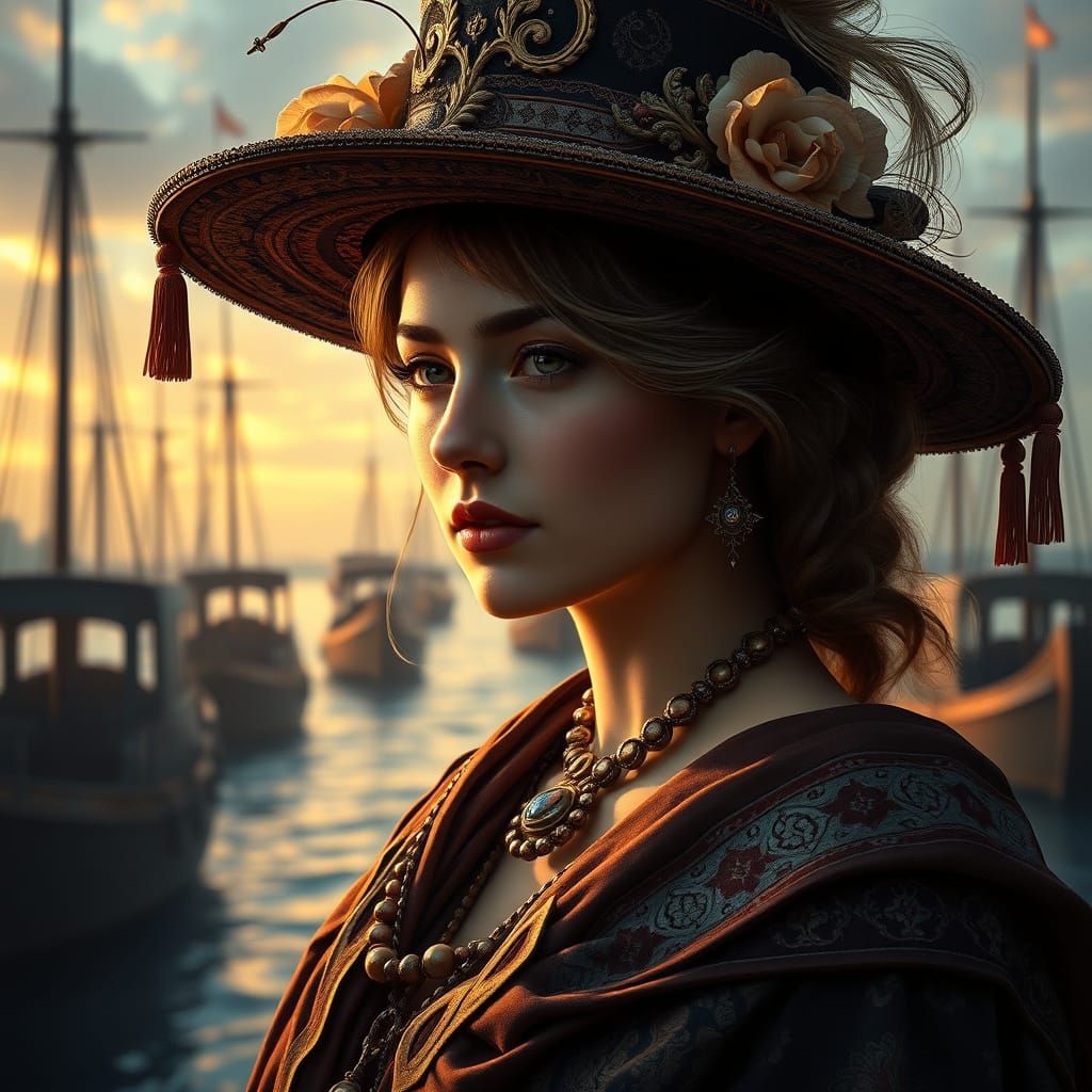 Elegant Woman in Ornate Attire, Inspired by Art Nouveau