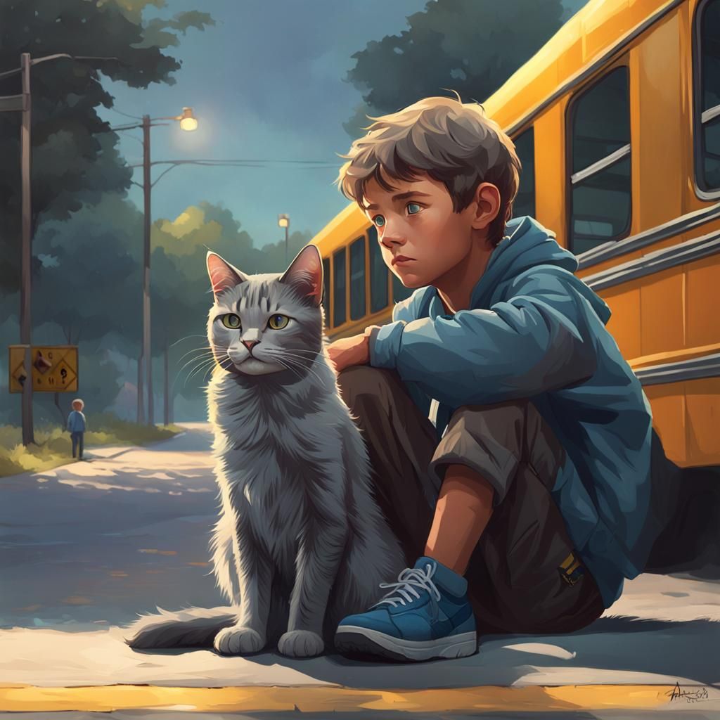 Young Boy and Gray Cat Waiting for School Bus in a Vibrant P...
