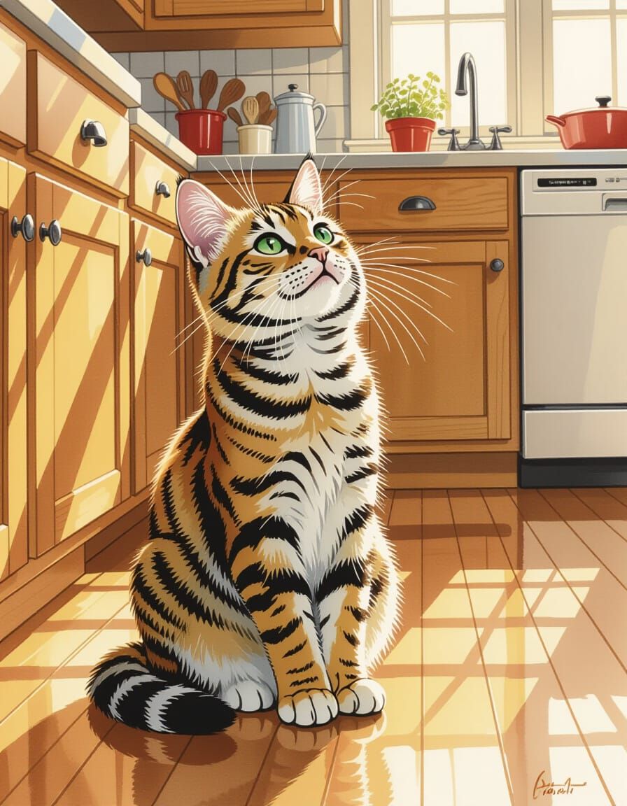 Striped Cat in Watercolor Style