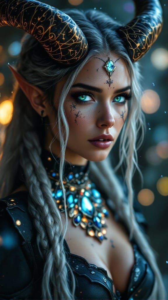 Celestial Huntress with Iridescent Eyes and Horns