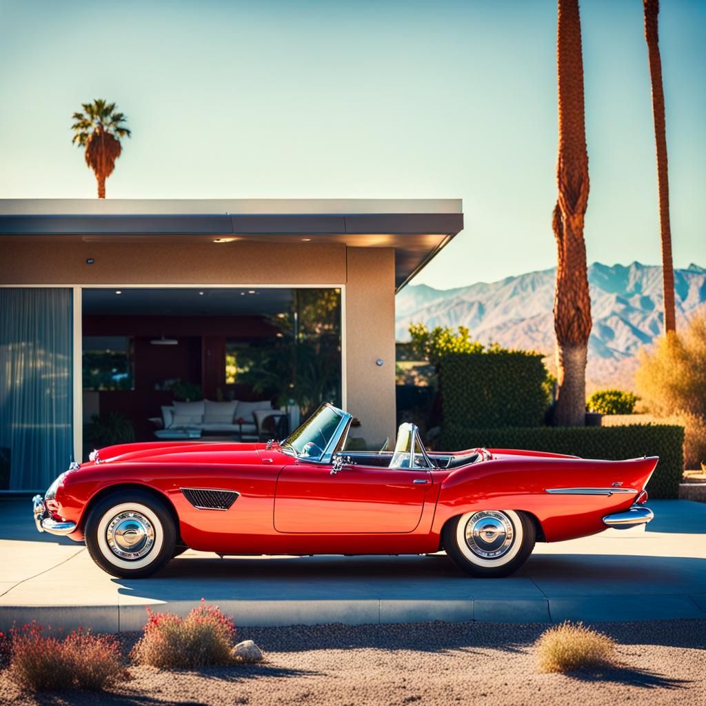 Red Luxury Car Silhouetted in 1960s Palm Springs