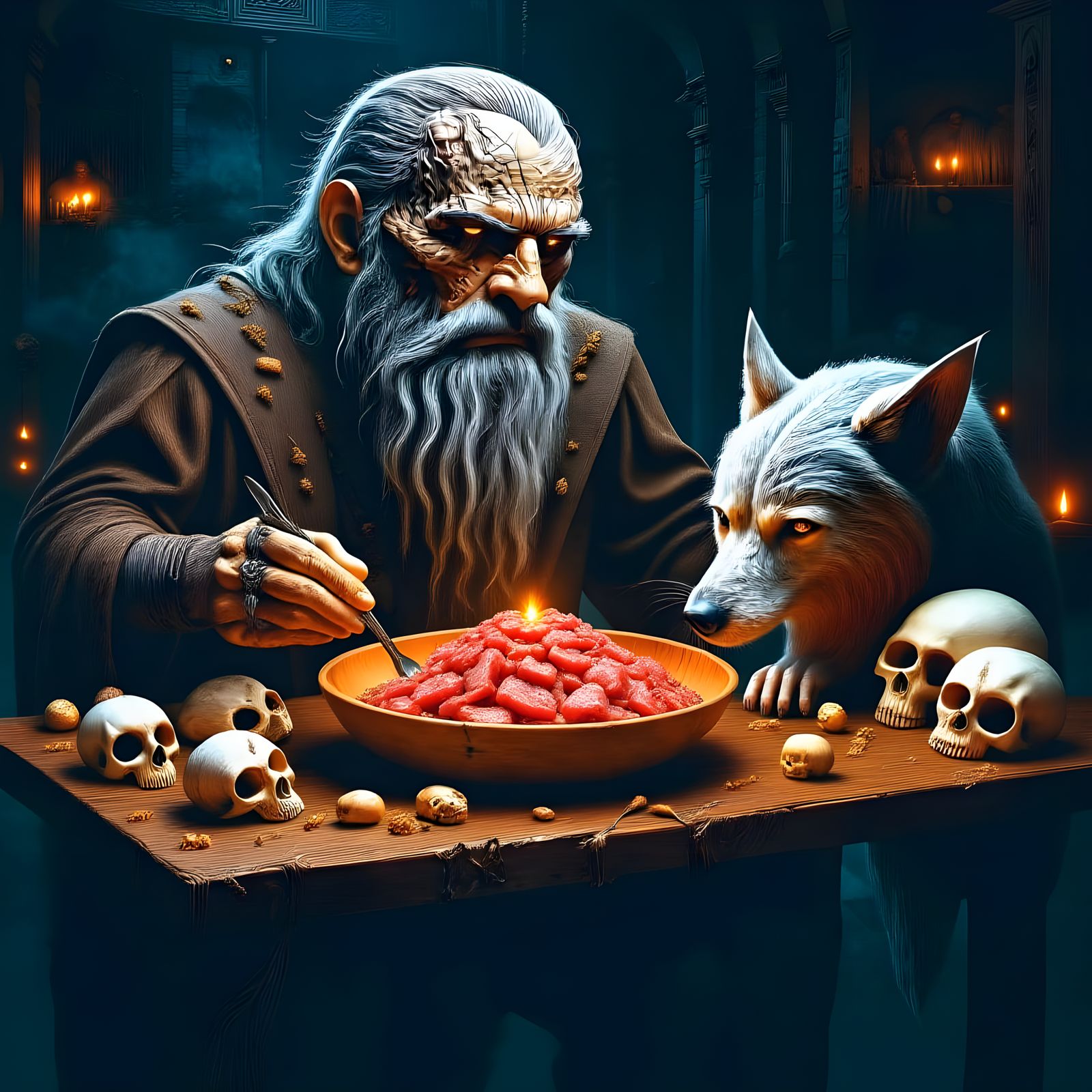 Giant and Wolfhound Eating in Ominous Horror Style