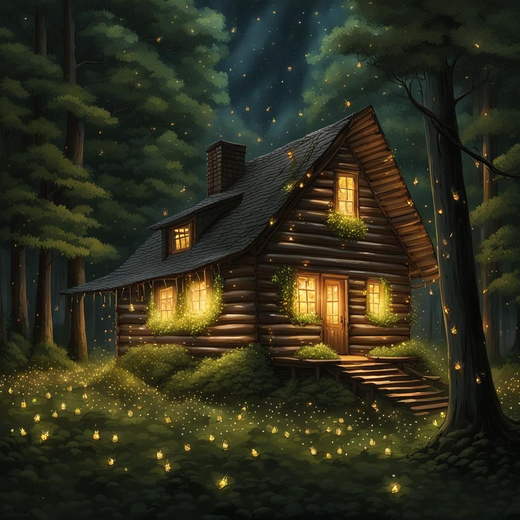 Fireflies Illuminate a Cozy Cabin Scene
