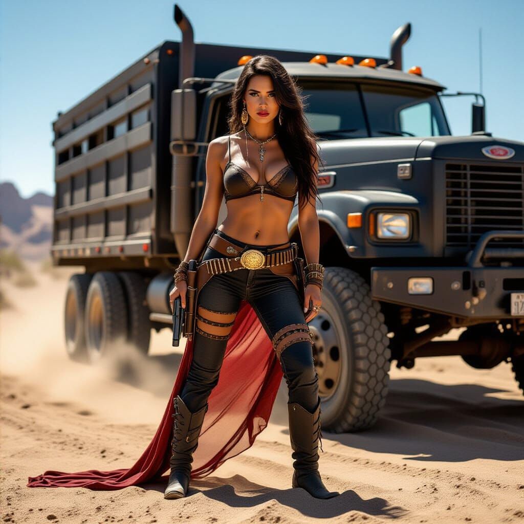 Sun-Kissed Outlaw Woman in Desert, Hyperrealistic Style