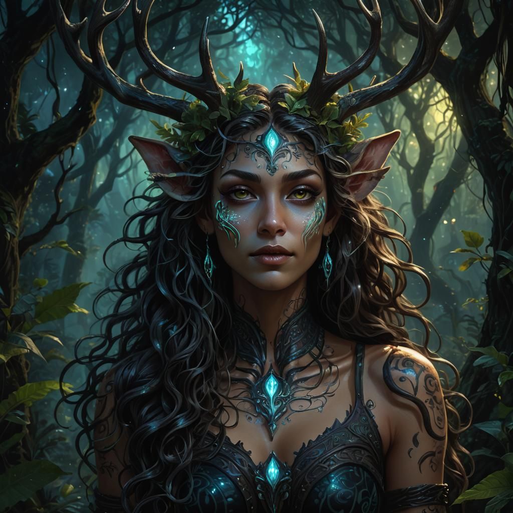 Enchanted Dark Fantasy Deer Elf Emerge from the Jungle Night