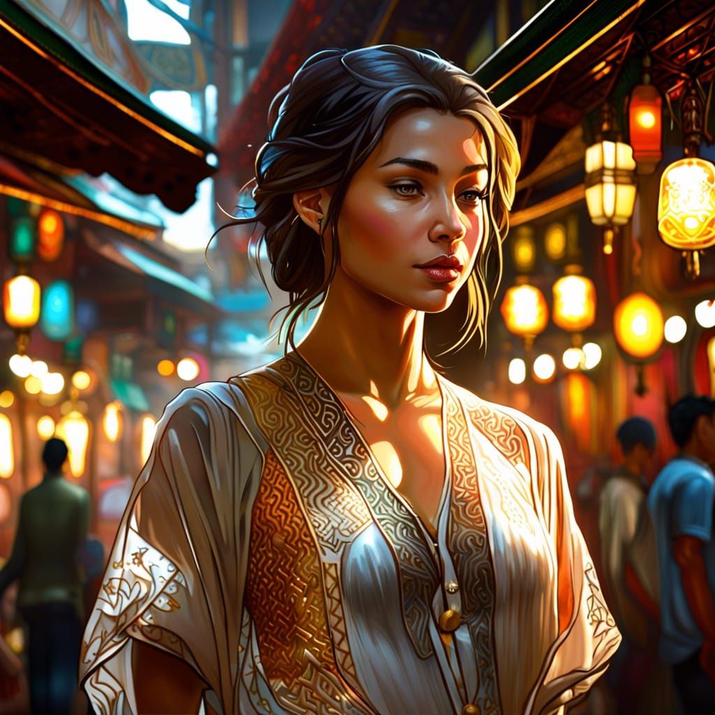 Beautiful Young Woman in Exotic Oriental Market Scene