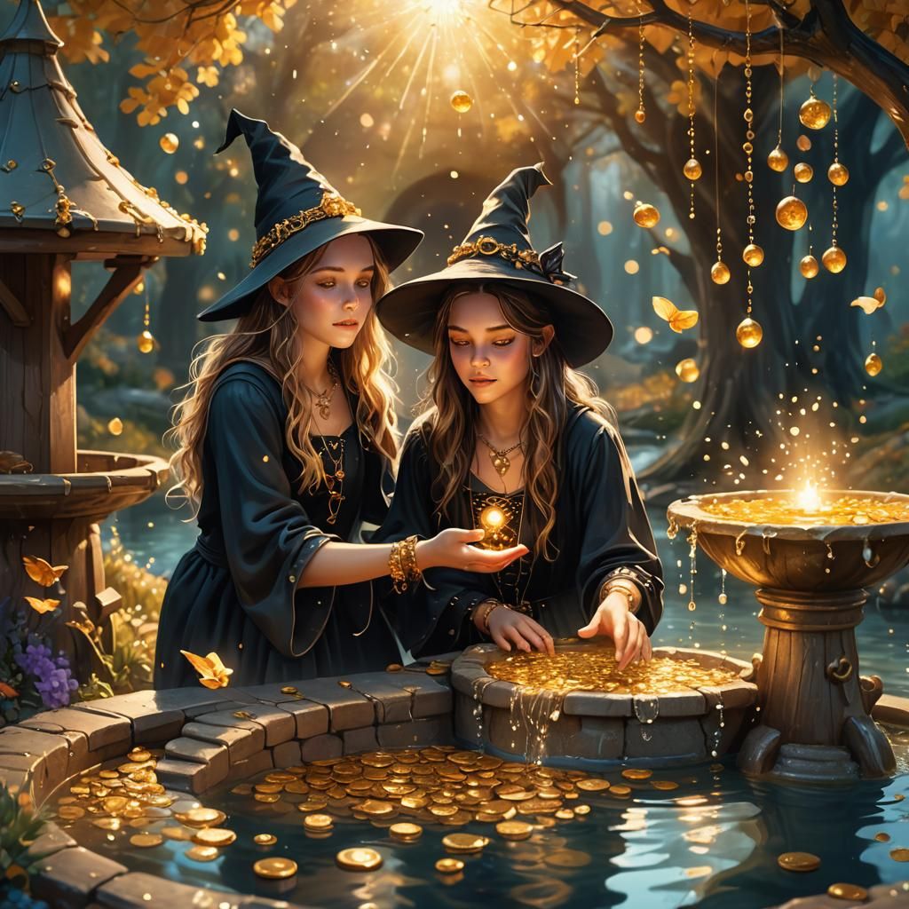 Whimsical Witch Conjures Magic in Golden Wishing Well