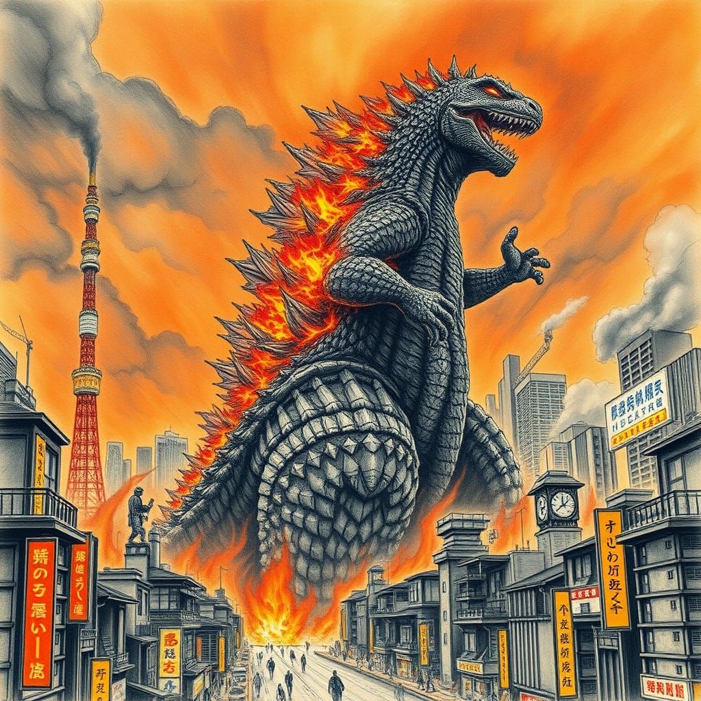 Godzilla Devastates Tokyo in a Detailed Colored Pencil Maste...