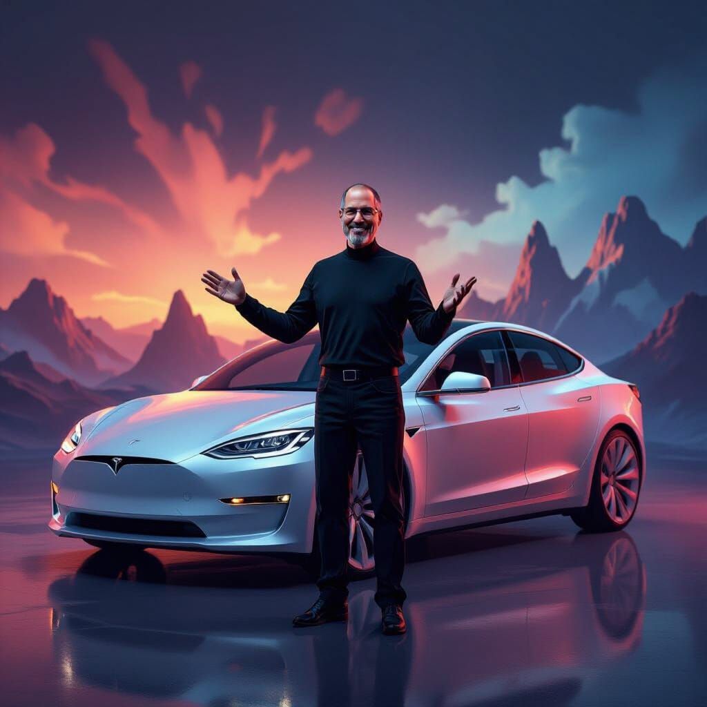 Steve Jobs Unveils Futuristic Tesla Model C in Matte Paintin...