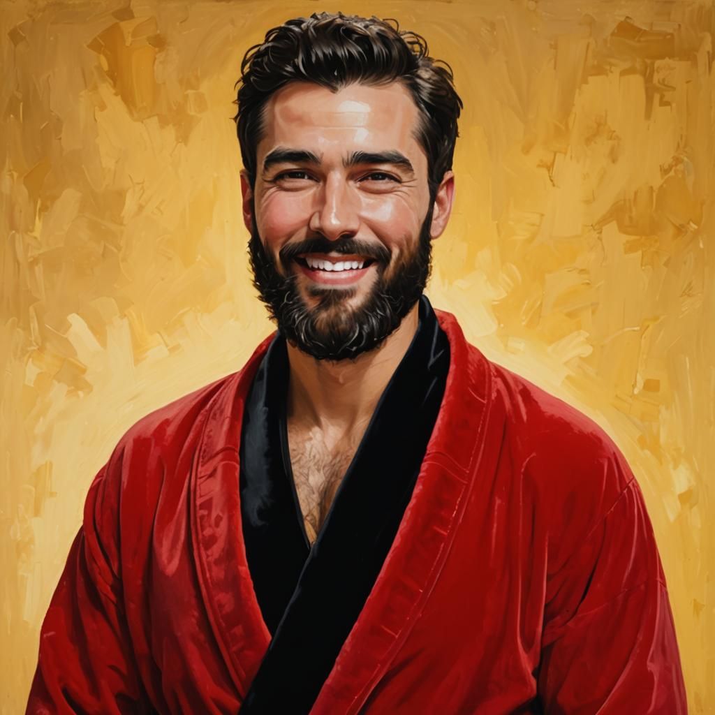Handsome Bearded Man in Luxurious Velvet Bathrobe