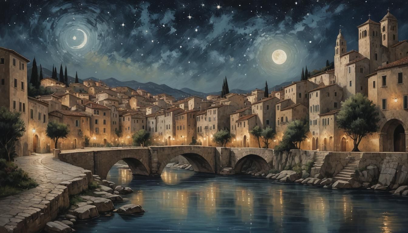 Moonlit Mediterranean River Scene Painted in a Weathered Art...