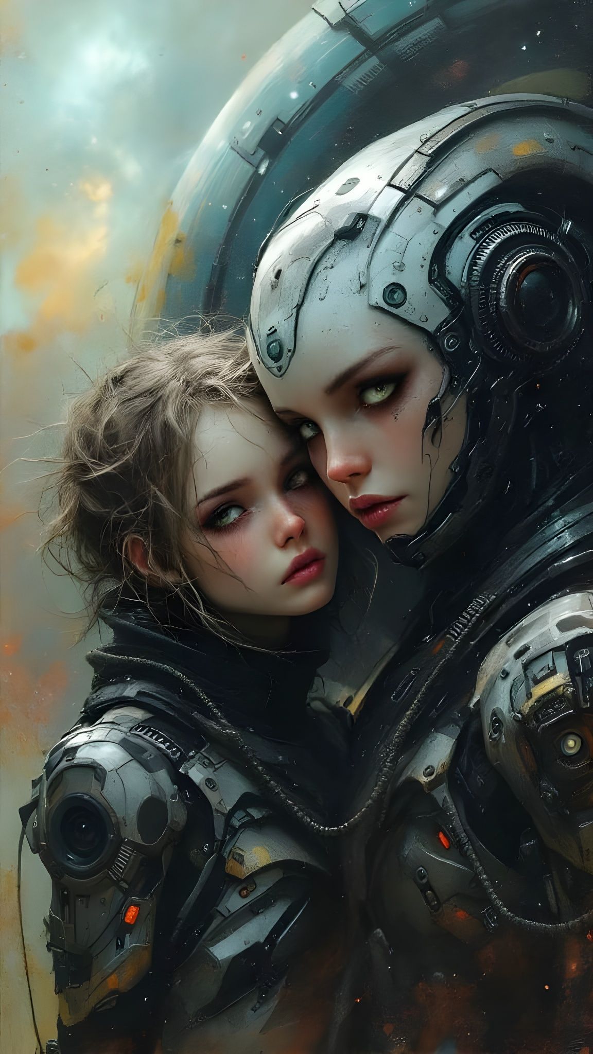Cyborg Girl with Sci-Fi Monster in Futuristic Landscape