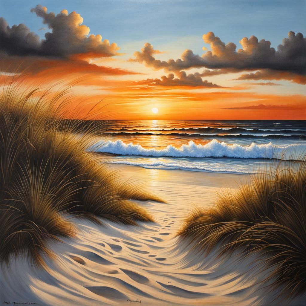 Vibrant Beach Sunset in Realistic Oil Painting Style