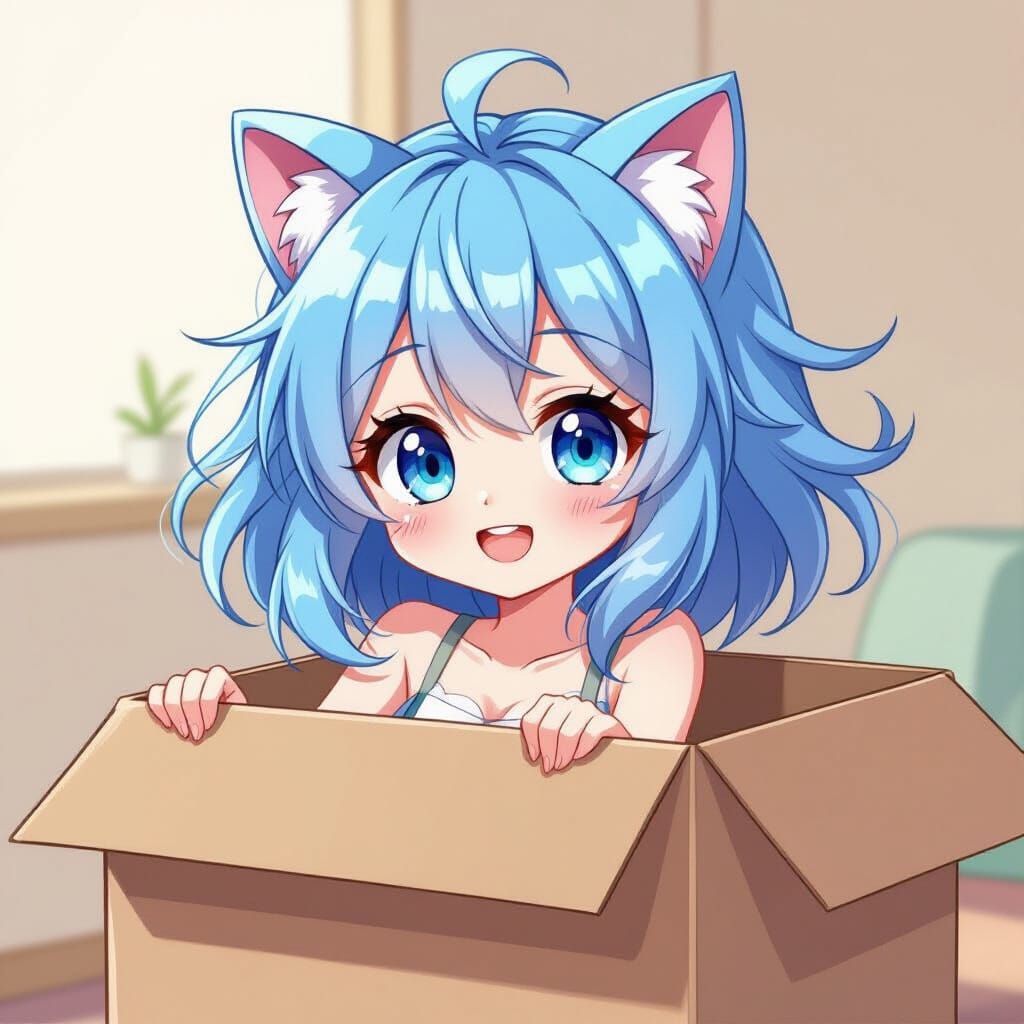 Chibi Girl with Cat Ears Playing in Box