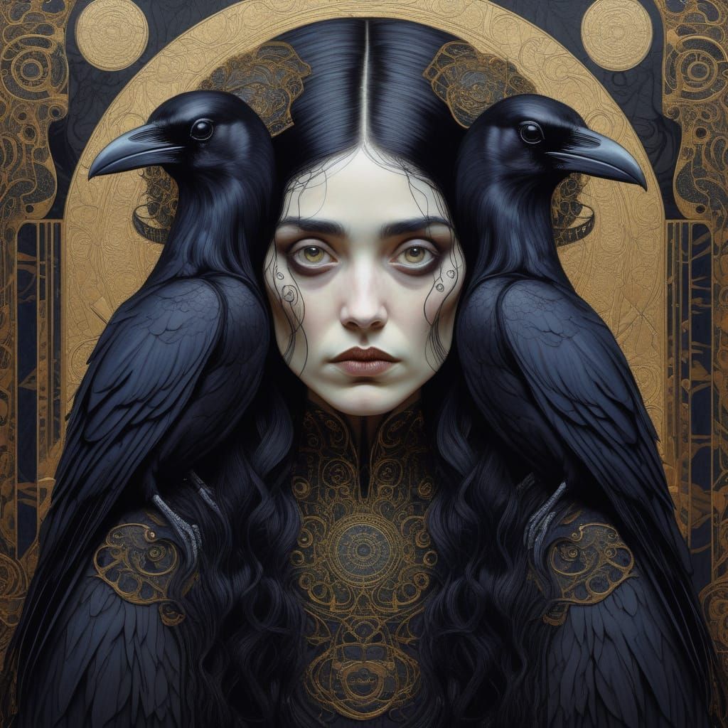 Gothic Portrait of Raven-Haired Woman in Klimt Style