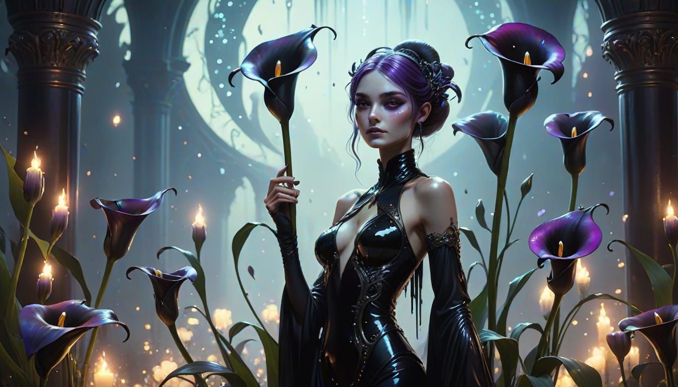 Dark Fantasy Calla Lily Creature with Iridescent Sparkles