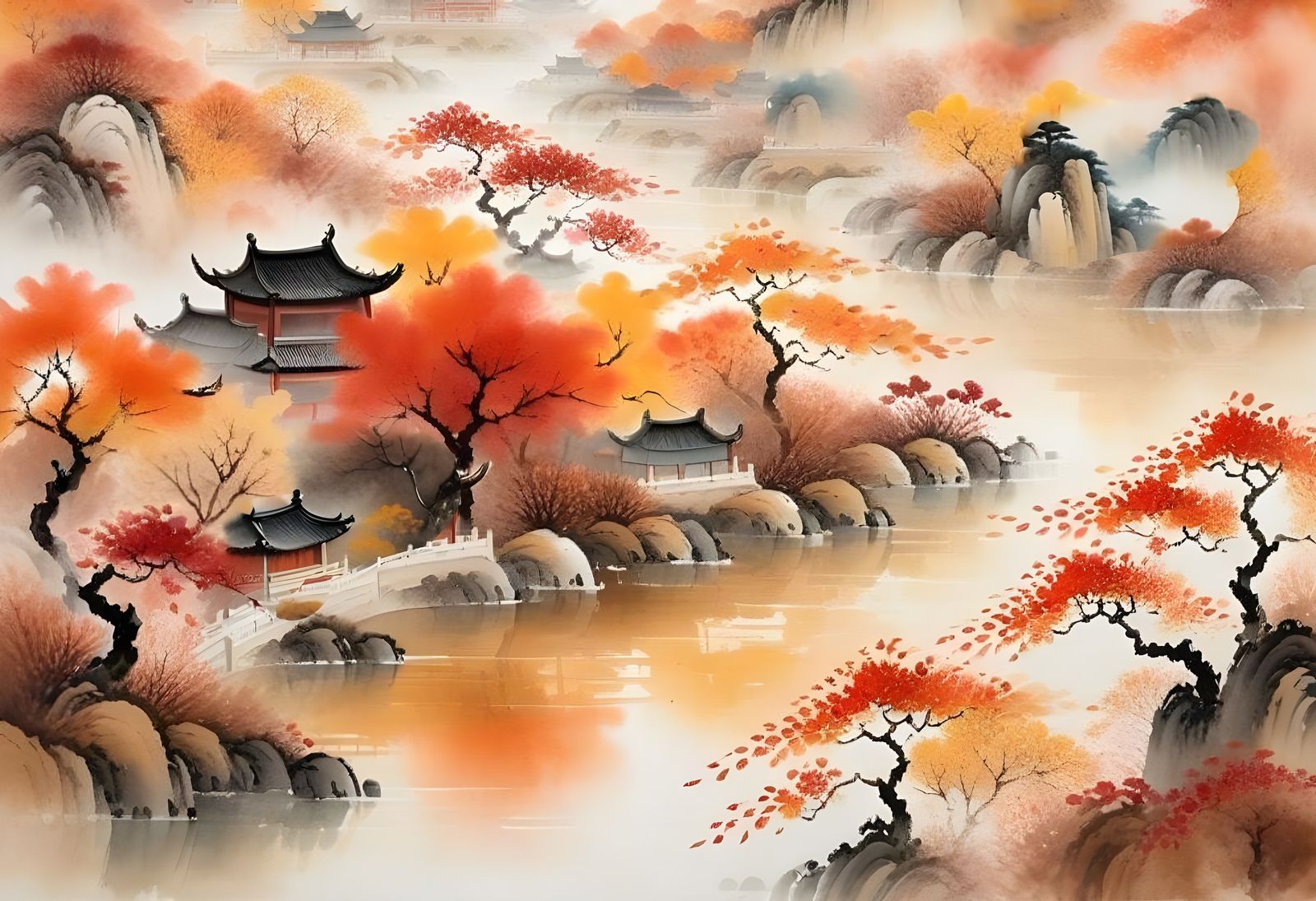 Golden Autumn Landscape with Serene Mountain Range