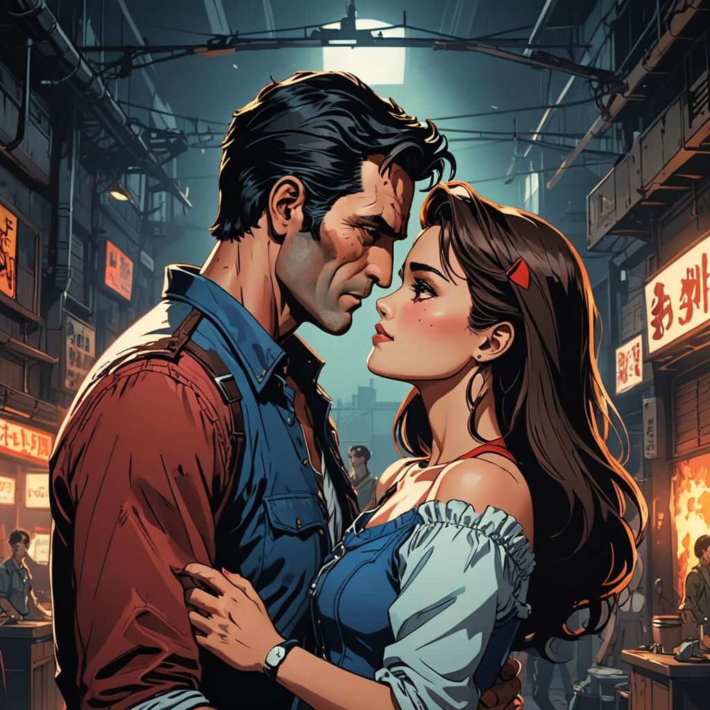 Ash Williams Locked in a Passionate Kiss with a Stunning Wom...