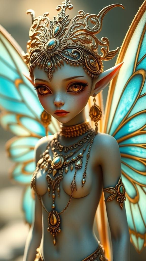 Alien Fairy with Golden Jewelry and Blue Wings