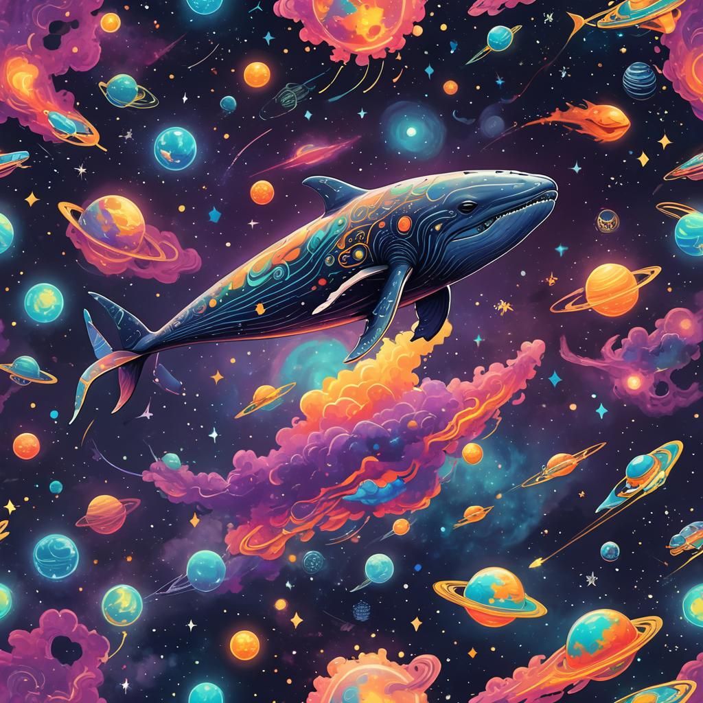 Glowing Space Whale Sails Among Gas Clouds Under Stars