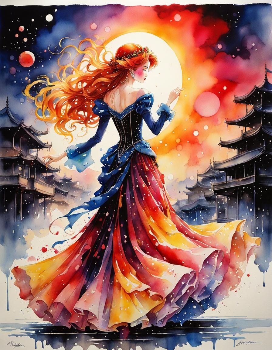 Watercolor Sunset Ballerina in Splendid Cinematic Style