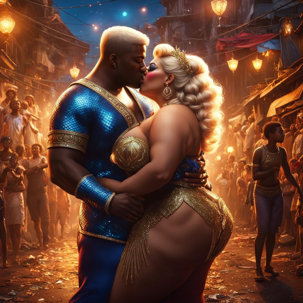 Sparkling Carnival Queen Embraces Young Boy in Vibrant Rio d...