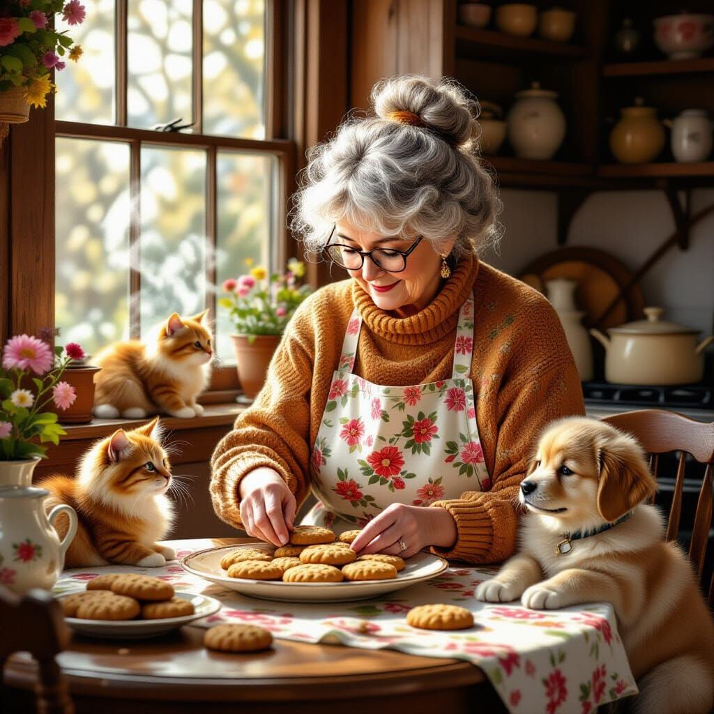 Cozy Kitchen Scene with Grandmother and Pets