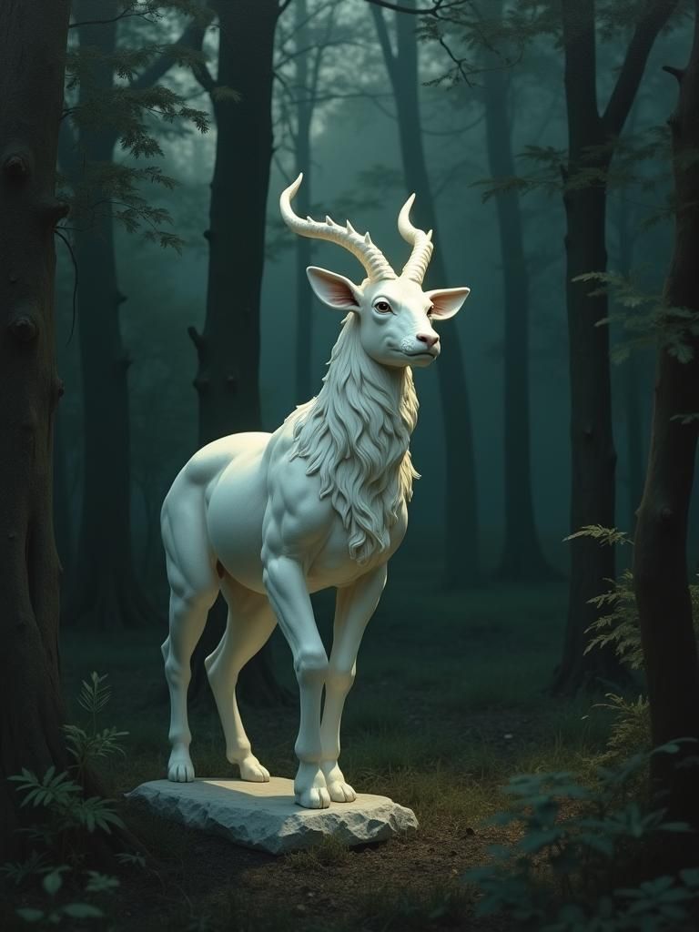 Whimsical Faun Statue Amidst Twilight Forest