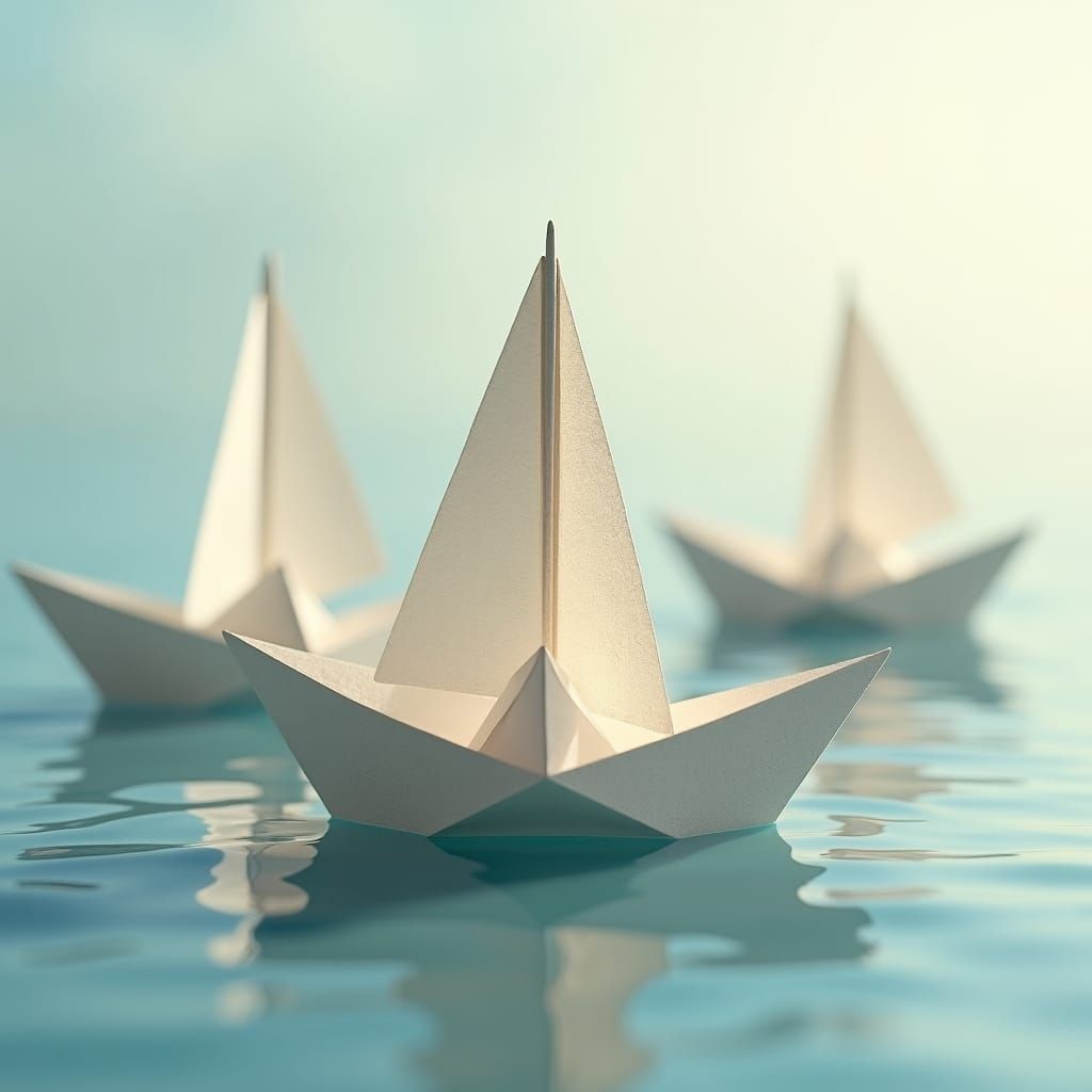 Origami Sailboats on Tranquil Water in Soft Focus