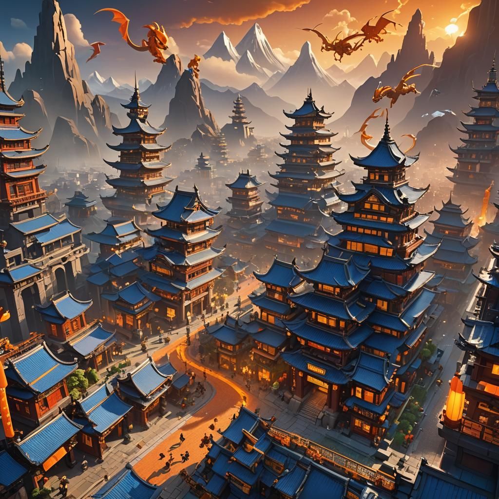 Surreal Ninjago Cityscape with Dragons and Ninjas in Action